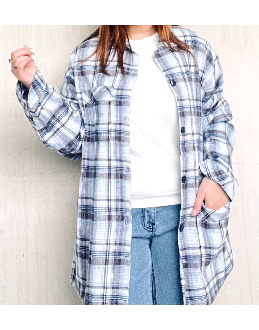 Oversized Checked Shirt in Sky Blue Minor Defect