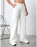 Wide Leg Flap Pocket Cargo Jeans Stretch in White