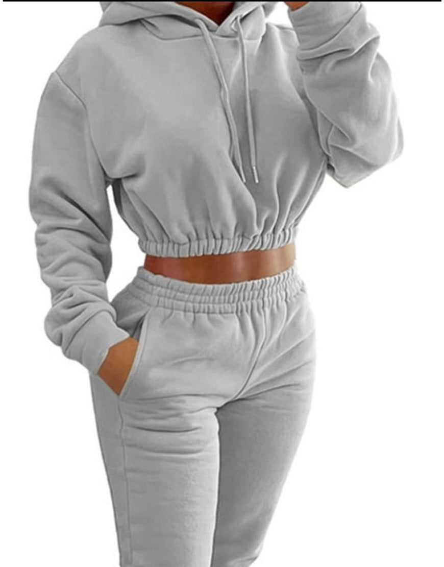 Elastic Waist Cropped Hoodie in Grey