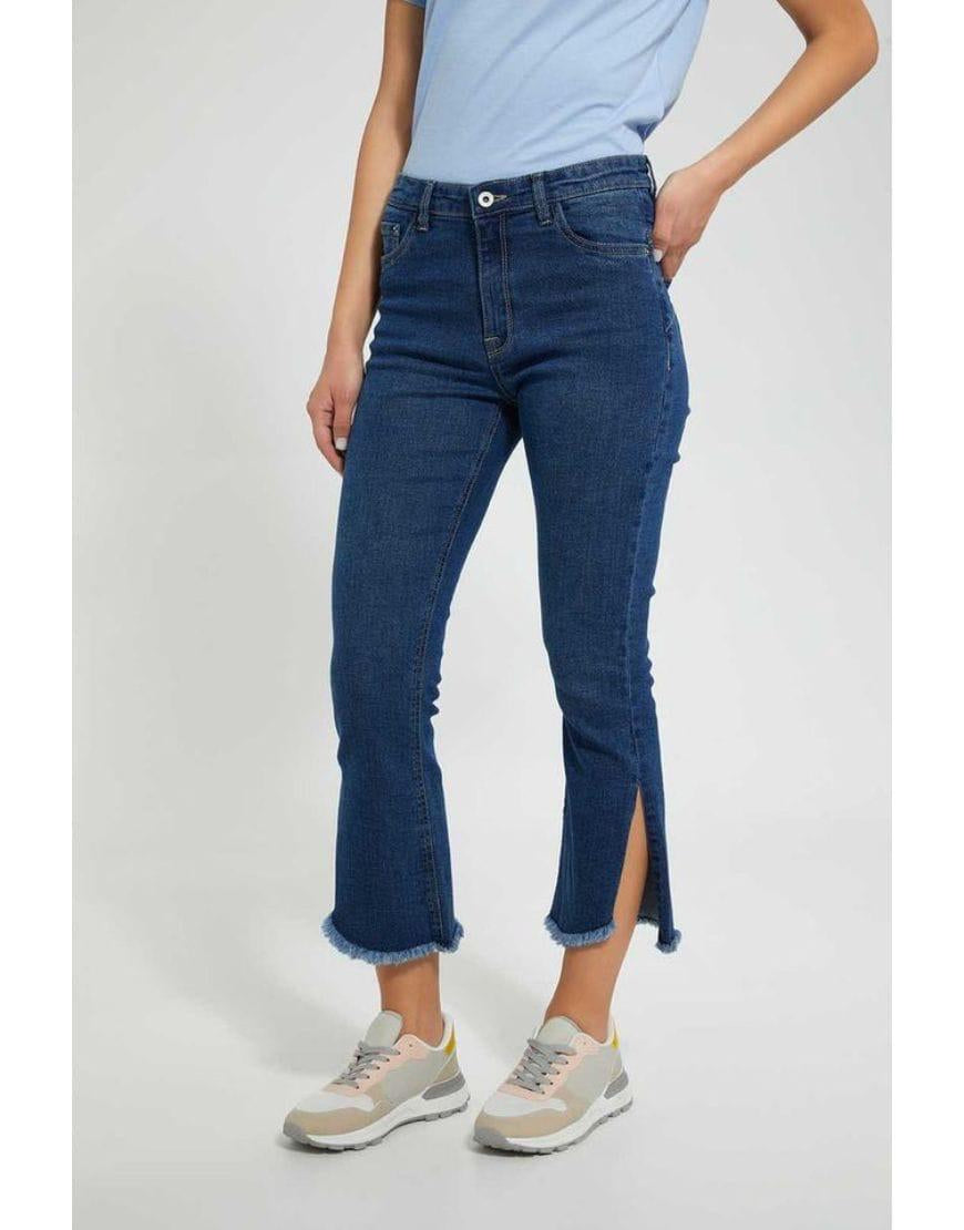 Cropped Jeans with Slit Hem in Blue