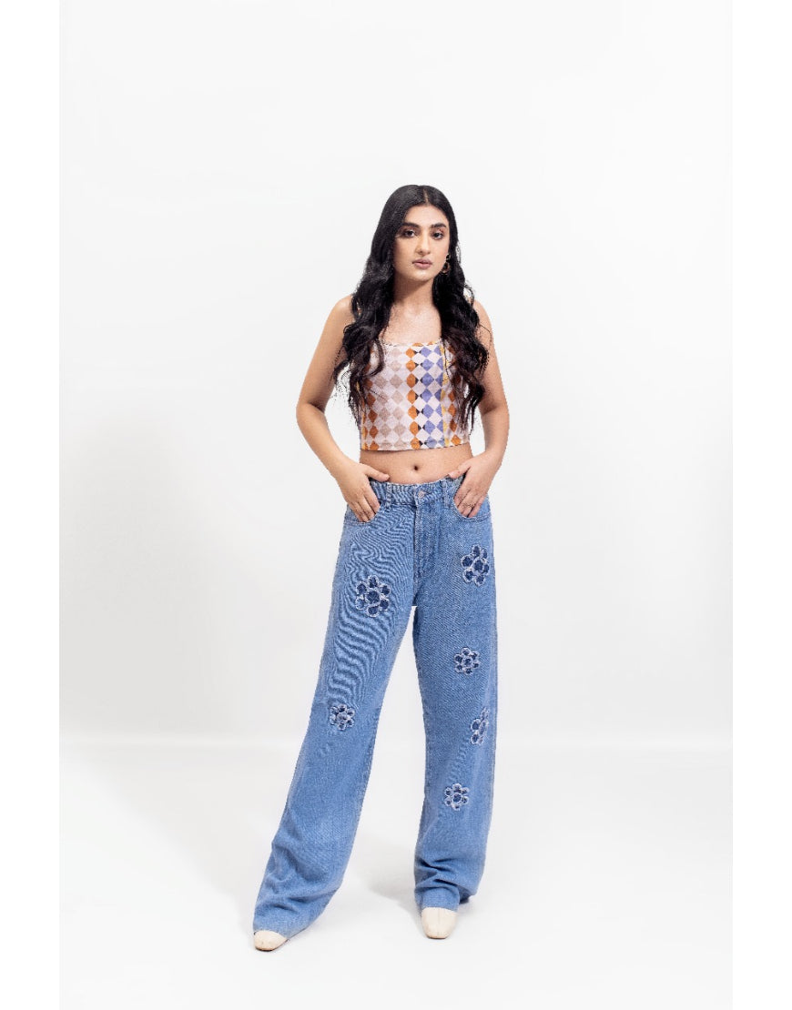 Flower Embossed Wide Leg Jeans in Blue