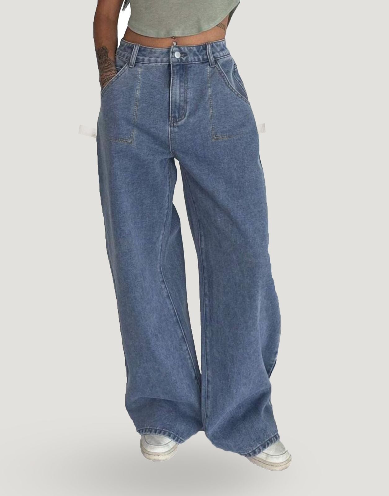 Wide Leg Flap Pocket Jeans Stone Blue