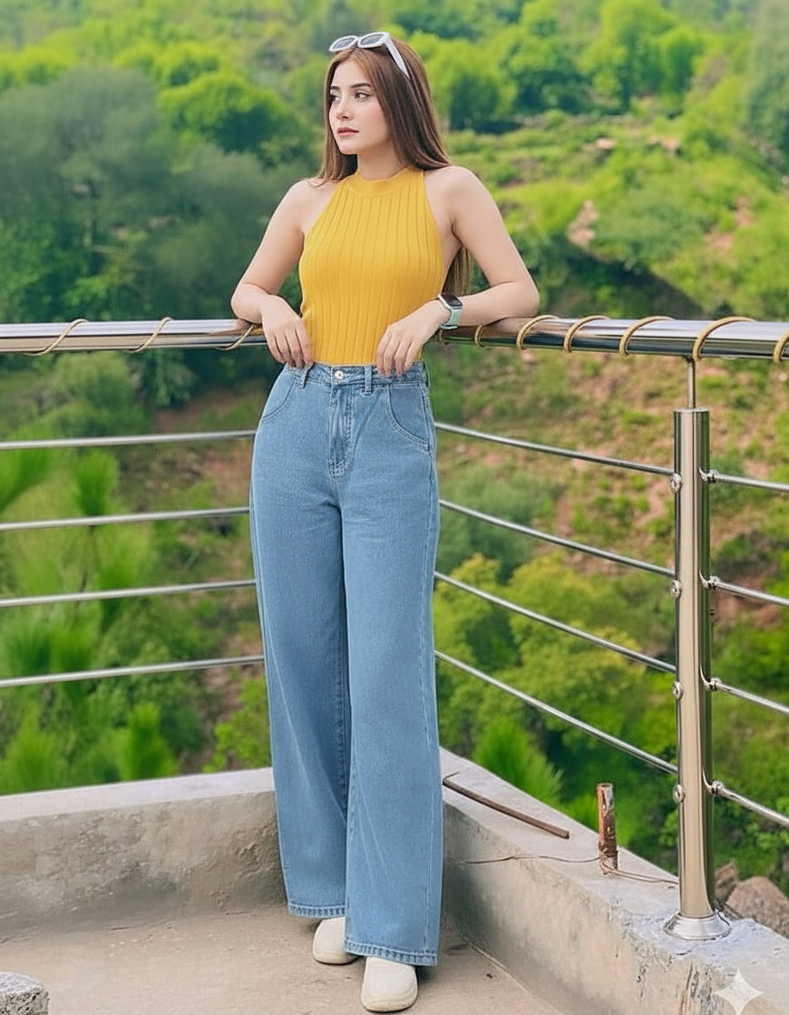 High Rise Wide Leg Cross Pocket Jeans Mid Wash