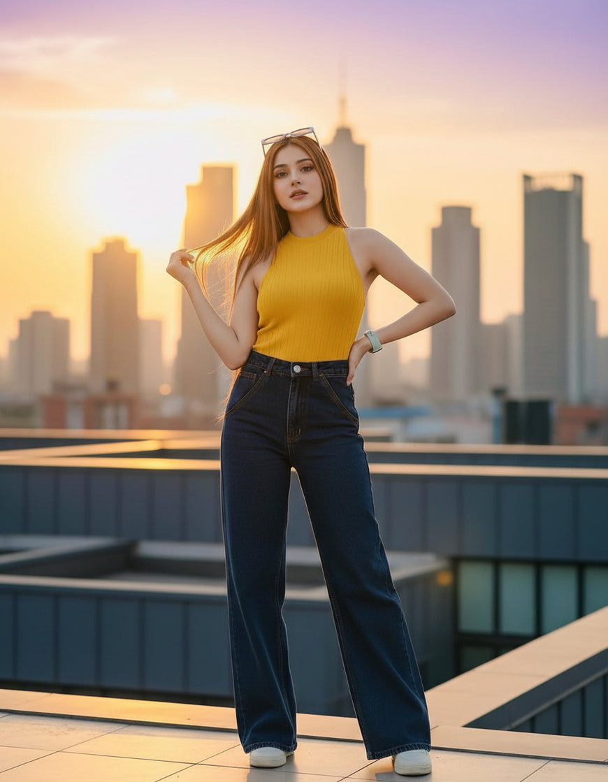 High Rise Wide Leg Cross Pocket Jeans Navy Blue