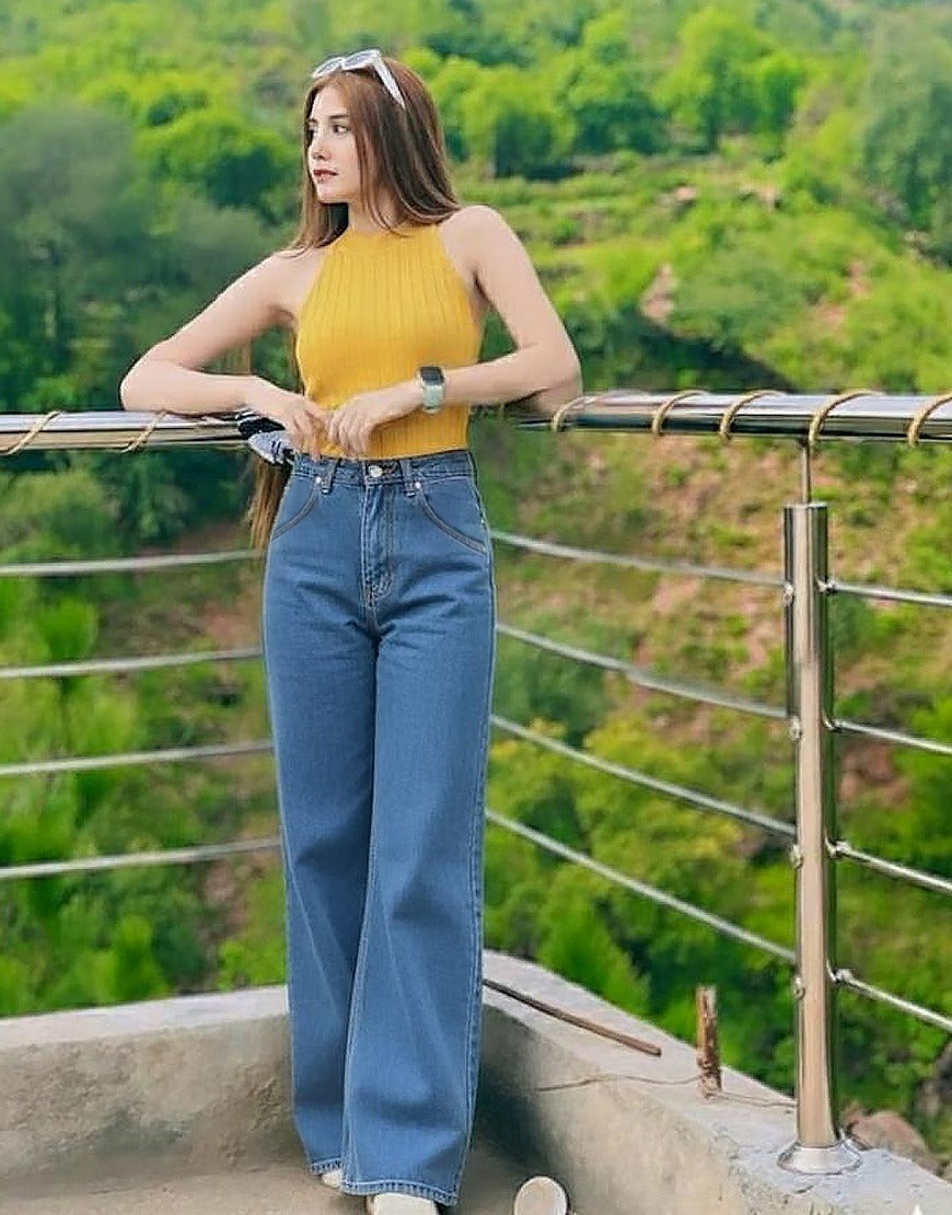 High Rise Wide Leg Cross Pocket Jeans Mid Wash