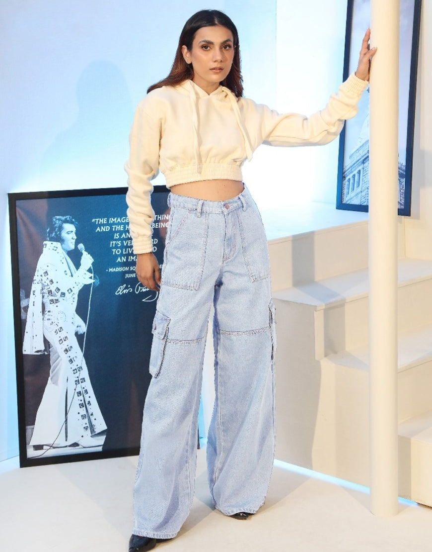 High Rise Wide Leg Flap Pocket Cargo Jeans Light Wash