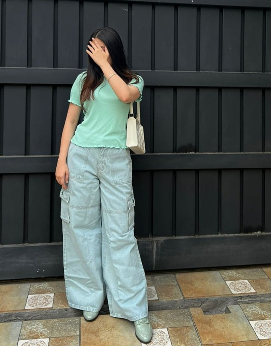 High Rise Wide Leg Flap Pocket Cargo Jeans Light Wash