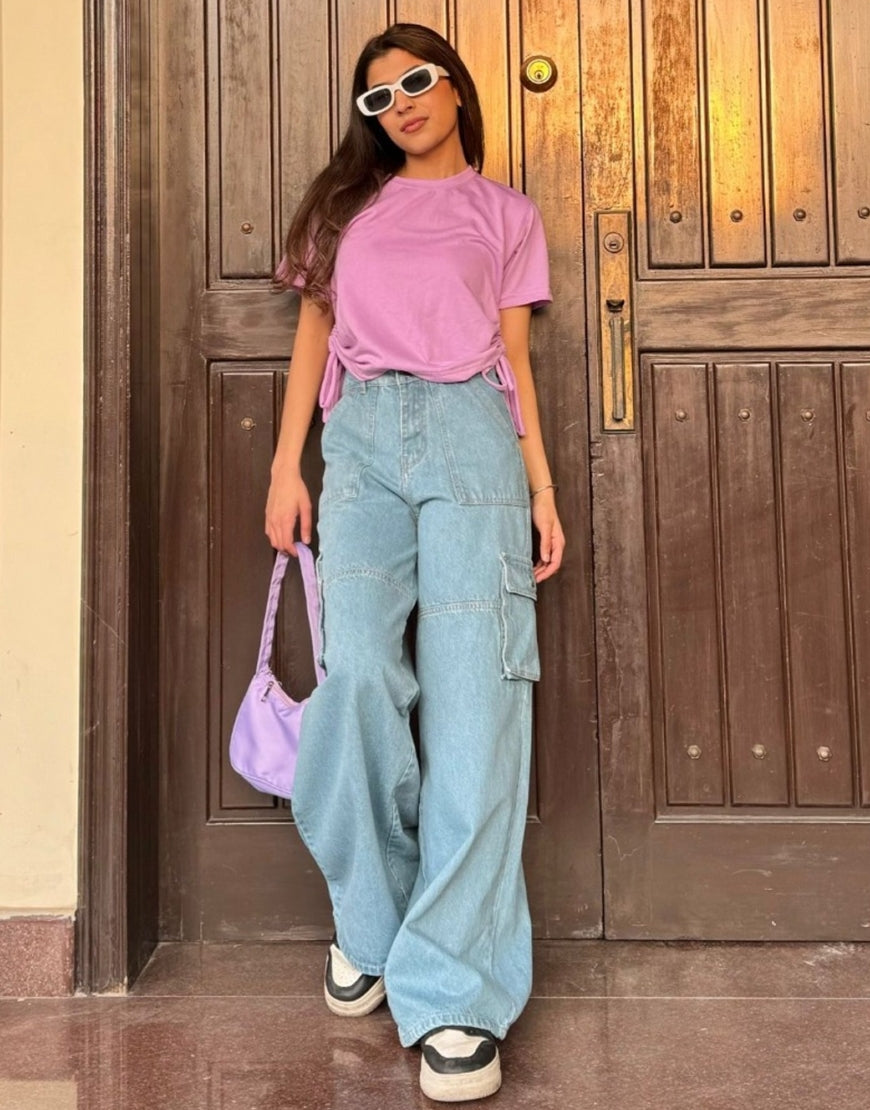 High Rise Wide Leg Flap Pocket Cargo Jeans Mid Wash