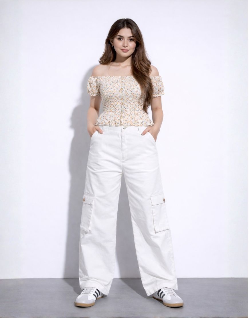 High Rise Wide Leg Cargo Jeans White