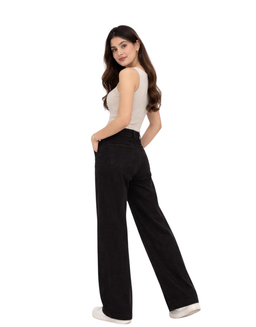 Wide Leg Twill Pants Jet Black