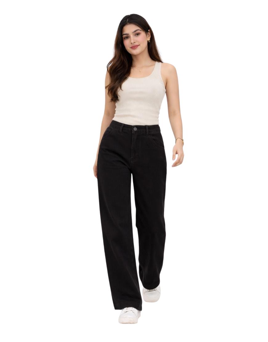Wide Leg Twill Pants Jet Black