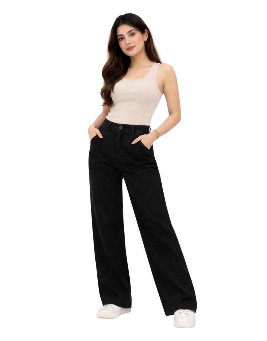 Wide Leg Twill Pants Jet Black