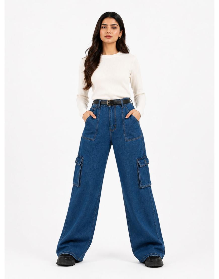 Wide Leg Flap Pocket Cargo Jeans Navy Blue