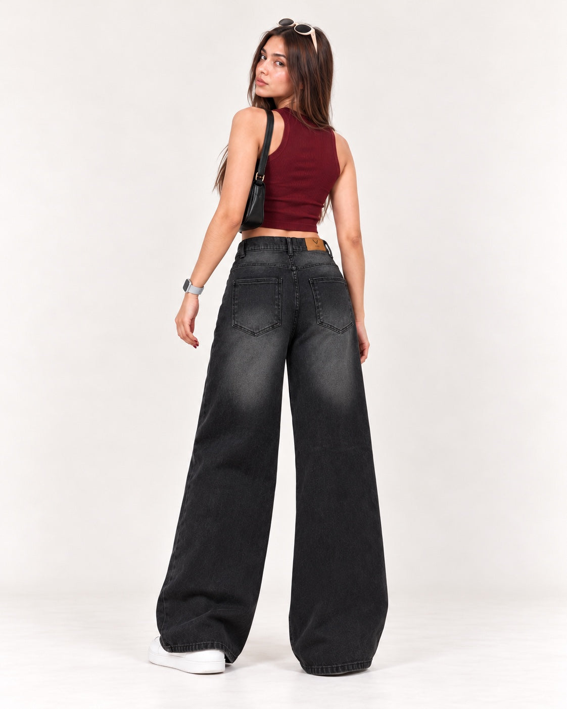 Back model view of Super Wide Leg Jeans in Smoky Black Fade