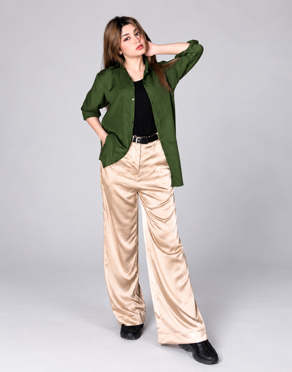 Front view of Aquila beige satin-finish wide-leg pants