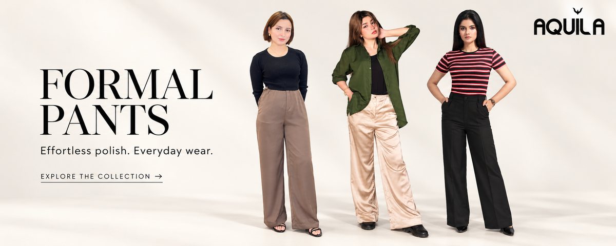 Aquila formal pants collection in brown, beige and black — desktop banner