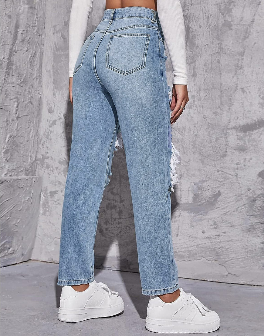 High Rise Ripped Mom Jeans Light Blue