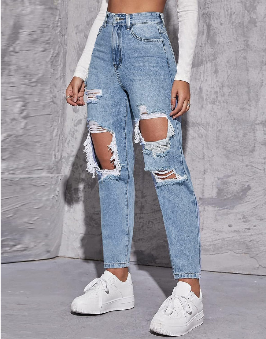 High Rise Ripped Mom Jeans Light Blue