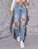 High Rise Ripped Mom Jeans Light Blue