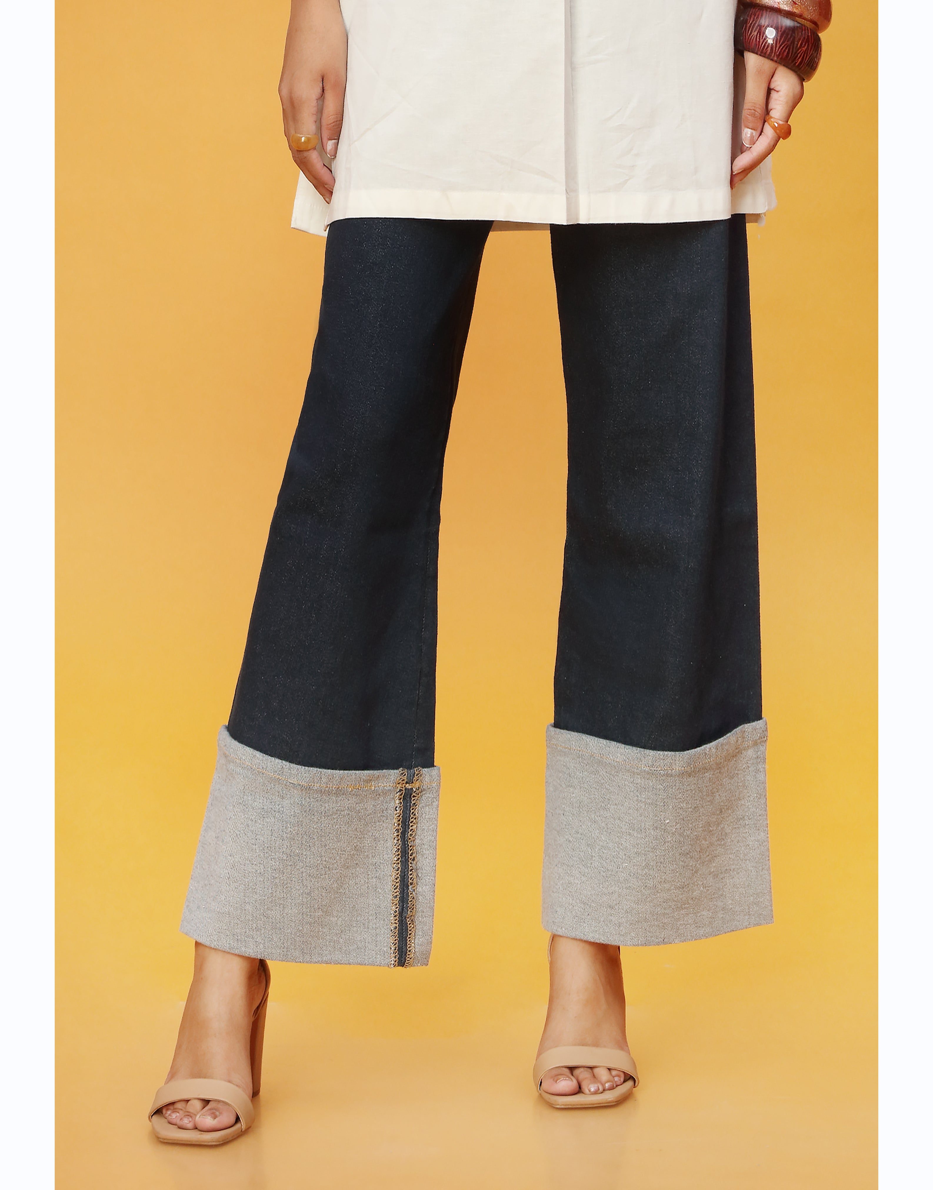 High Rise Wide Leg Jeans With Folded Hem in Dark Blue