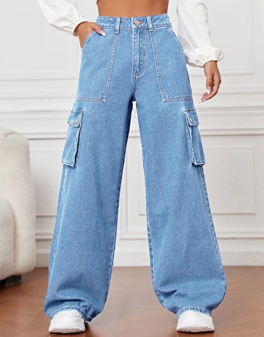 High Rise Wide Leg Flap Pocket Cargo Jeans Medium Wash