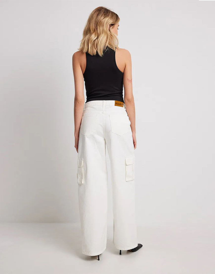 High Rise Wide Leg Jeans Cargo Pockets in White