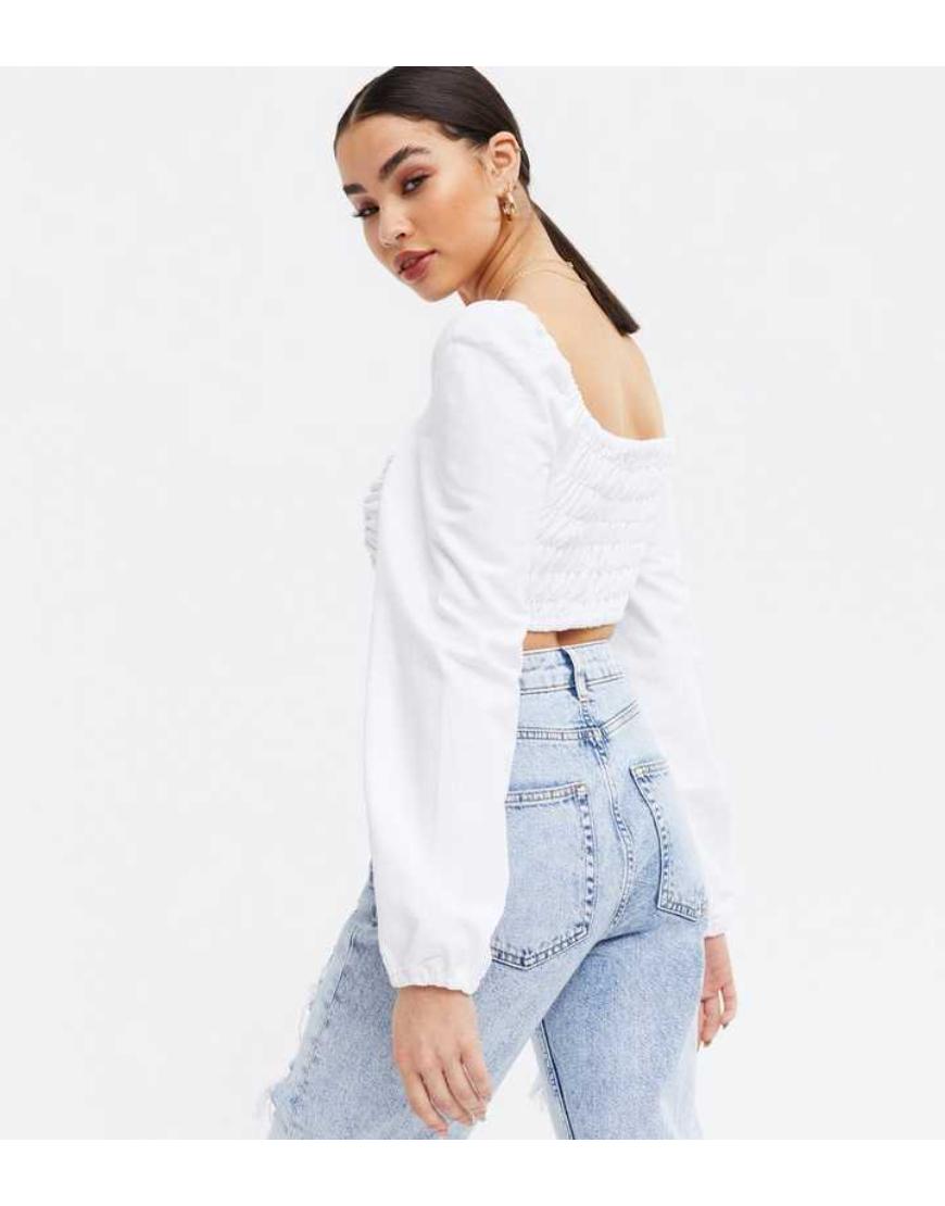 White Ruched Square Neck Crop Sweat Top